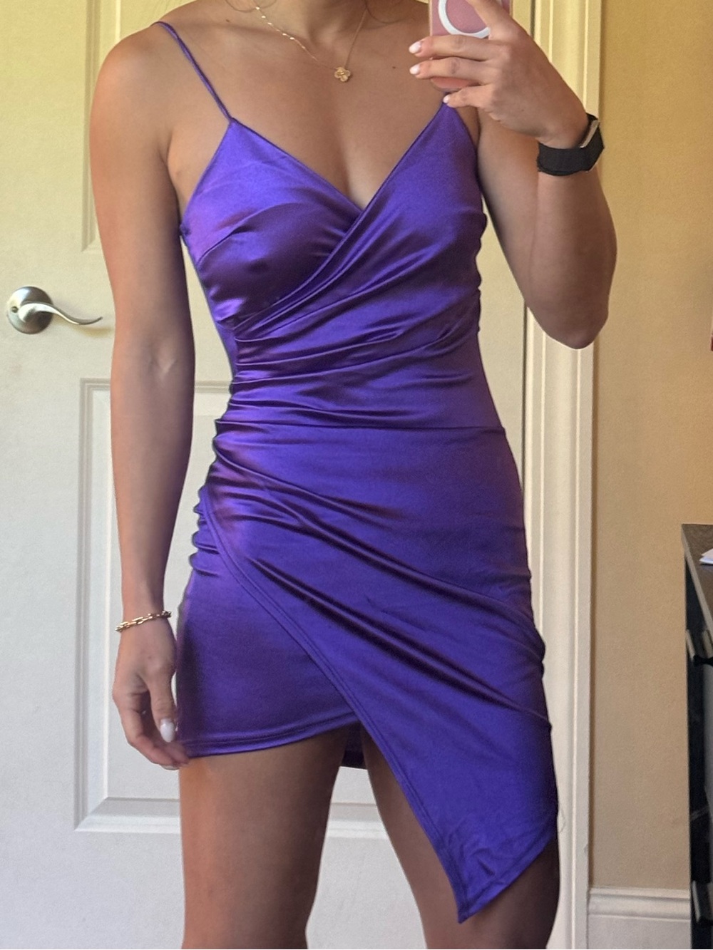 Satin Purple Asymmetrical Slip Dress - Women's